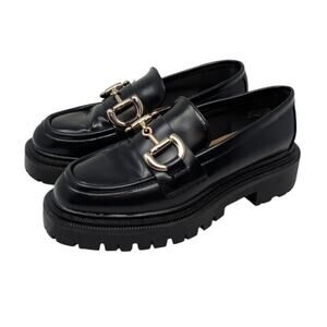 Black Chunky Platform Loafers Gold Horsebit Chain EU 37 US 6.5